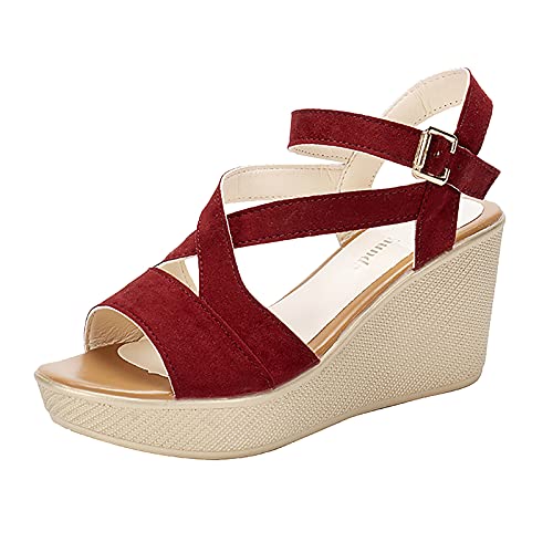 Señoras moda sandalias cross sandalias pescado romano boca abierta toe causals cuña plataforma sólido color sandalias zapatos invierno niño niña, rojo, 37 EU