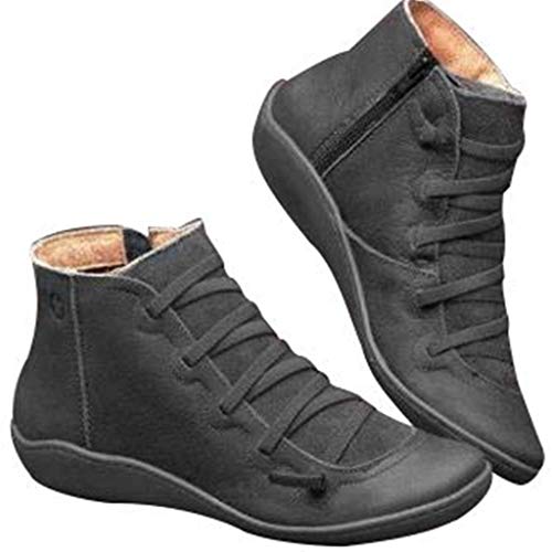 UMore Mujer Botas,Mujer Botines de Cuero Otoño Invierno Vintage Botines Mujer con Cordones Zapatos de Mujer Botas Cómodas de tacón Plano Cremallera Bota Corta Casual…