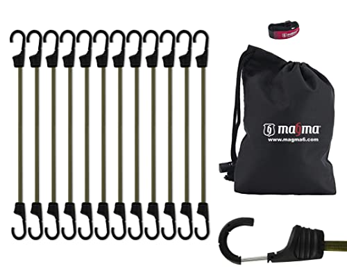 MAGMA Pack 12 Pulpos Elásticos Transporte | Tensor Cuerda Elástica para Coche, Moto, Bici, Camping, Portabicicletas, Remolques, Toldos y Lonas | Ganchos de Acero Protegido, Incluye Bolsa | Verde 45cm