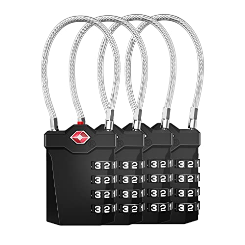 ZHEGE Candados de viaje TSA, candados de equipaje para maletas, mochilas, maletines, bolsas, con alarma de apertura y cable flexible de 5.5 pulgadas (paquete de 4, negro)