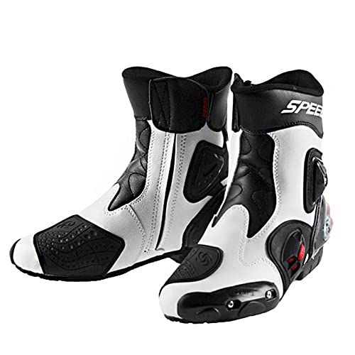 Botas de Moto Botas de Cuero Impermeables para Hombre Suela Antideslizante Zapatos de Moto Armored Racing Riding Sports Touring Boot,White-43