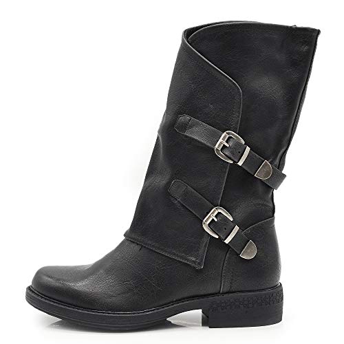 IF Moda Zapatos de Mujer Botas Botines Biker Hebillas Anfibios 337, G620 Negro, 36 EU