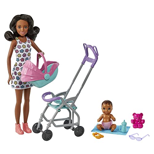 Barbie Skipper Niñera morena Muñeca con carrito de bebé y niño, juguete con 7 accesorios, regalo +3 años (Mattel HHB68)