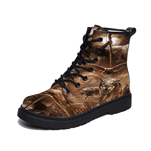 3D Viking Hombres Odin Fenrir Wolf Cuervo Botas de cuero Botas de senderismo, Nordic Transpirable Durable Zapatos al aire libre High Top Fishing Climbing Work Hiking ( Color : S , Size : 11women/9.5me