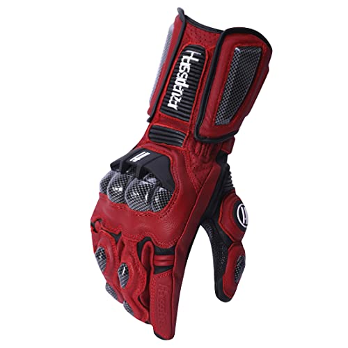 Harssidanzar Guantes de Moto de Cuero para Hombres y Mujeres,Guantes de Moto de protección de Nudillos de Fibra de Carbono Powersports KM045,Sangre de Buey/Negro,Talla L