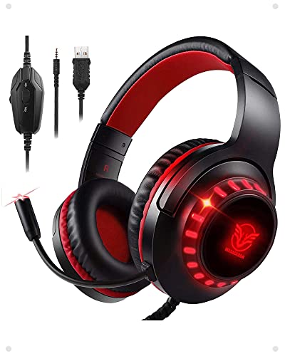 Pacrate Cascos Gaming para PS4/PS5/Xbox One/Nintendo Switch/PC, Auriculares Gaming con Microfono Cascos PS4 con Sonido Envolvente Estéreo, Cascos Gamer con Cancelación de Ruido, Luz LED, Rojo