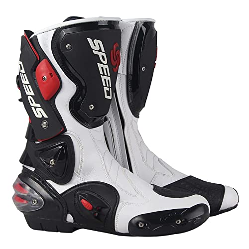 UHGFIMP Botas de Motocross Racing Touring Moto Botas Deportivas Hombres y Mujeres Botas de Moto para Adultos con Tobillo Reforzado de Cuero Impermeable con Protectores de Carcasa Dura,40,White