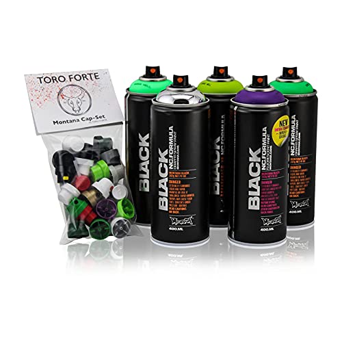 Juego de botes de spray Montana Black Alien de colores graffiti, incluye Toro Forte Cap-Set