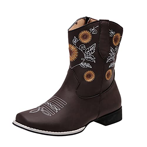 TEELONG - Botas de equitación para mujer, talla de tobillo bordado, a la moda, estilo de talón, botas étnicas grandes para mujer, café, 38 EU