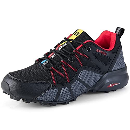 KUXUAN Calzado de Ciclismo para Hombre, Calzado para Bicicleta de Carretera Calzado para Bicicleta de Montaña Calzado para Bicicleta MTB, Zapatos para Correr Casuales Antideslizantes,Black+Red-46