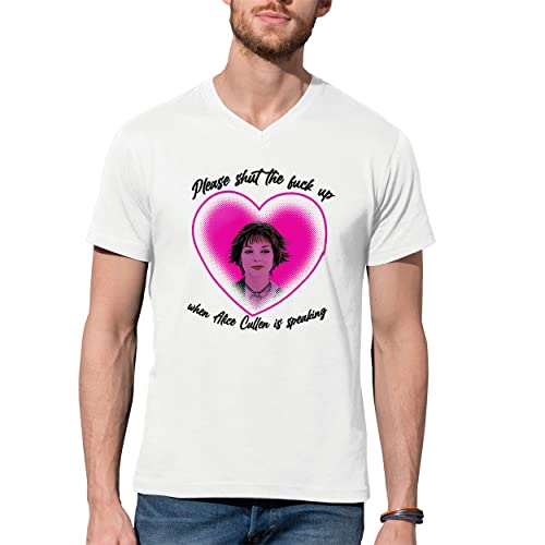 Please Shut The Fuck up When Alice Cullen Speaking V-Neck Camiseta De Hombre Blanca Size L