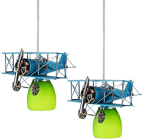 Luces colgantes 2- Paquete niño retro biplano aeronave colgante lámpara- MI-NI estilo candelabros, accesorios de luz del techo E27 Altura Ajustable Boy Chica Arte Luz de techo decorativo,para isla