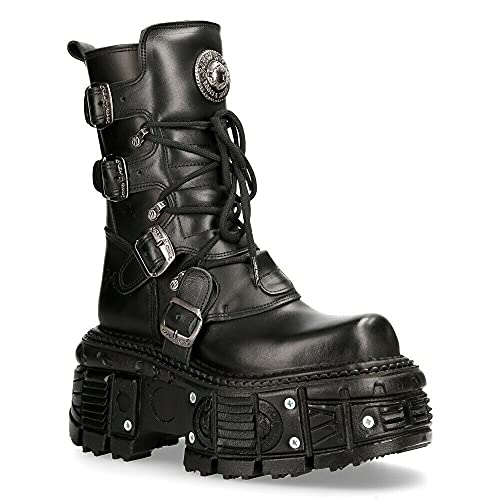 New Rock TANK373-S1 Botas Unisex con Plataforma de Cuero Negro Estilo Motociclista Gótico 40