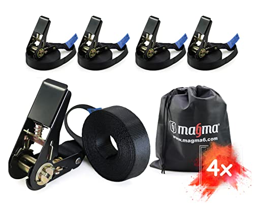 MAGMA 4 Correas de Trinquete 3,5m, 800Kgf/unit. Cinchos, Cinchas de Amarre, Eslingas con Carraca, Remolque Baca Kayak Tabla de Surf Piraguas Canoa Bicicleta Moto, Longitud Ajustable. Negro