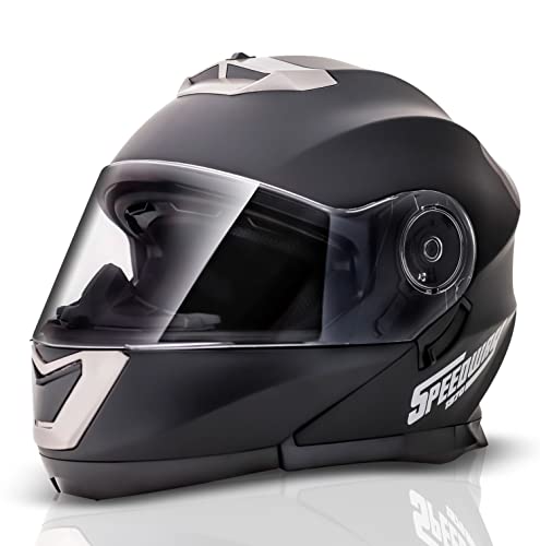 Casco Moto Hombre Mujer Modular Plegable Abatible Color Negro Mate con Doble Visera - Casco Integral Scooter Adaptado para Blueetooh - Ventilacion 360 Antivaho - Opcion Repuesto Talla M