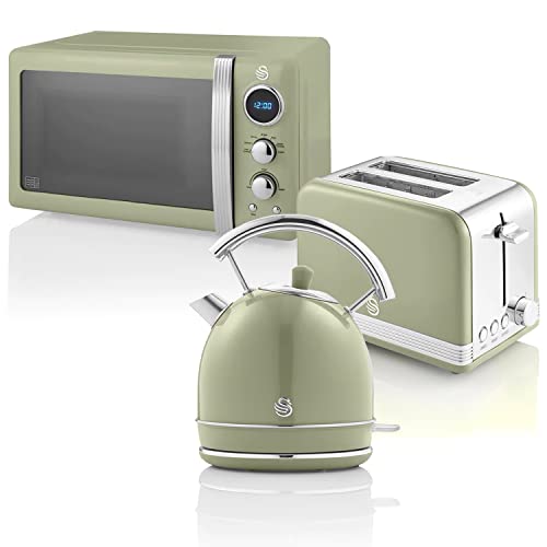 Swan Retro Set Desayuno Hervidor de Agua 1,8 L, Tostadora Pan Ranura Ancha 2 Rebanadas, Microondas Digital 20L, 6 Niveles de Potencia,Temporizador, Puerta Espejo, Diseño Vintage, Verde, Talla Única