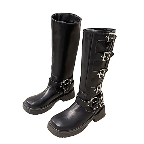 Bnjghcug Gótico Femenino Grueso Talón Manga Botas De Caballero, Botas De Vaquero Occidental De La Vendimia De Metal De Alta Hebilla del Cinturón De Montar Botas De Punta Cuadrada Botas Punk,Negro,35