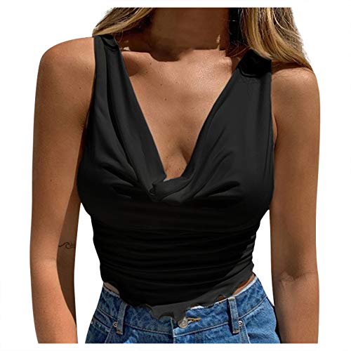 Colgar envuelto cuello en V Casual Sexy Color Chaleco Sólido Baúl Blusa Mujer Top Camisas Apretonadas para Mujeres Manga Corta, Le Noir, L