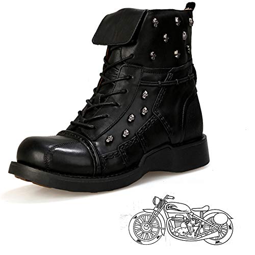 Motocicleta Moto Zapatos Botas Casual Corto Tobillo Capa Superior Piel de Vaca Impermeable Blindado | Botas de Trabajo cálidas para Hombres de caña Alta Botas de Cuero Steampunk,Negro,45