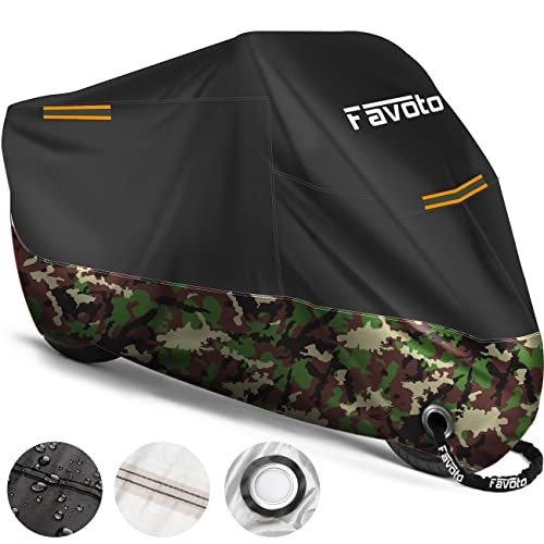 Favoto Funda para Moto Cubierta de Moto 210D Impermeable Protectora con Banda Reflectante a Prueba de Sol Lluvia Polvo Viento Nieve Excremento de Pájaro al Aire Libre, 265x105x125cm Negro+Camuflaje