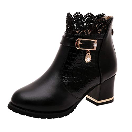 TEELONG - Botas de trabajo para mujer, botas de invierno al tobillo, botas de encaje vintage, botas de otoño para mujer, botas de cuero para mujer, Black, 38 EU