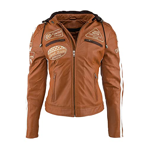 URBAN 5884 Chaqueta Moto Mujer de Cuero Leather '58 LADIES', Cazadora Moto de Piel de Cordero, Armadura Removible para Espalda, Hombros y Codos Aprobada por la CE, S, Tan (marrón) (UR-184)