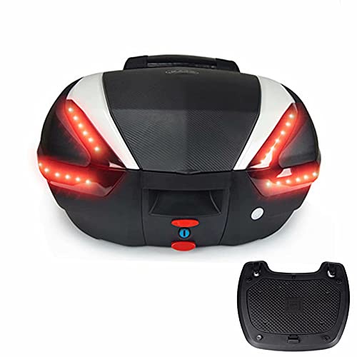 HGTRH Baul Moto Desmontable, Baul Moto Universal con Respaldo, Maletas para Moto con Luz De Advertencia Nocturna Led, Caja De Moto Topcase 47 L-59 × 46 × 33cm con Base Incluida