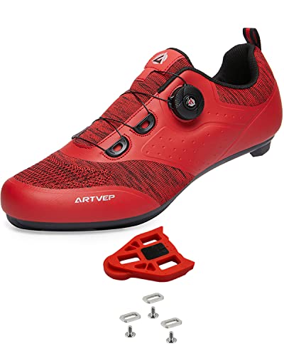 ARTVEP Zapatos de Ciclismo para Hombre y Mujer, Zapatos Bicicleta de Carretera MTB Compatibles con SPD SPD-SL Delta Pedal Look, Zapatos Transpirables para Bicicleta Peloton Rojo EU 40