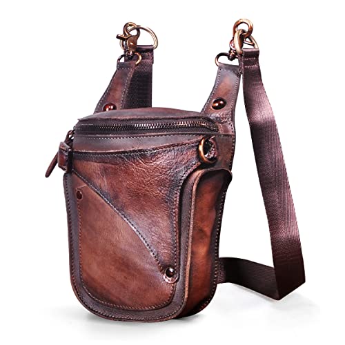 Le'aokuu Unisex Cuero Genuino Calidad Bolso Cintura Bolsa de Pierna Bolsa para Mensajero Bolso Multifuncional Militar Táctico Moto Bicicleta Senderismo Deportes Camping Montar 9326 (Marrón Negro)