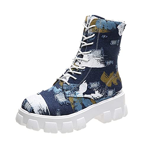 TEELONG - Botas de motocicleta para mujer, transpirables, suela gruesa, estilo retro, sin cordones, para mujer, azul oscuro, 38 EU