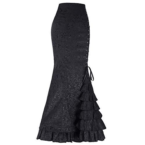 Skang Falda Larga Mujer,Falda de Sirena Cintura Alta Retro Vintage Estilo Punk Falda Maxi con Volante de Bodycon Largo
