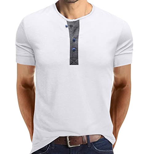 Hombres Primavera y Verano Retro Negocios Casual Viajes Multibotón O Cuello Camiseta Manga Corta Camisa Sólido Hombre, Blanco, XL