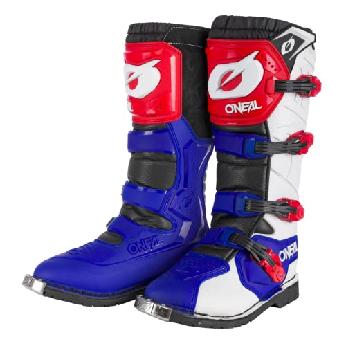 O'NEAL | Botas de Motocross | Motocicleta de Enduro | Confort gracias a la plantilla de aire, cuatro hebillas, material sintético | Botas Rider Pro | Adulto | Blanco Rojo Azul | Talla 43