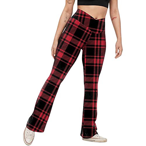 Mallas Yoga Mujer Baratas Pantalones de Yoga con estampado a cuadros para mujer, mallas de entrenamiento de cintura alta con corte de bota, pantalones elásticos sin Mallas Escalada Mujer (Red, XXL)