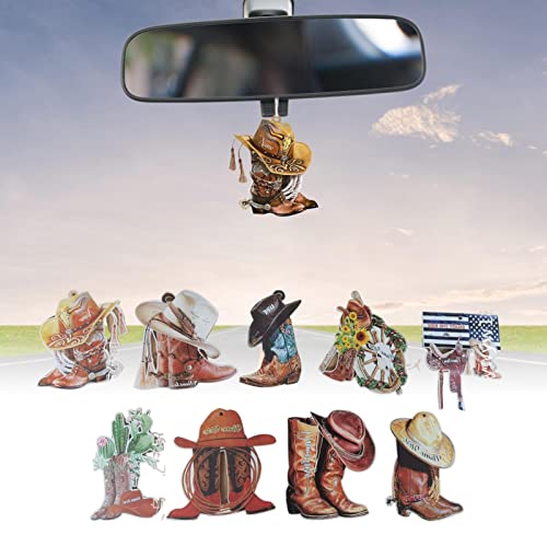 Paquete de 9 adornos colgantes de botas de vaquero, 2D novedoso espejo retrovisor de coche, colgante de acrílico de silla de montar, accesorios de decoración interior de coche para amantes de los