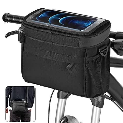 Bolsa Manillar Bicicleta, Bicicleta Manillar con Pantalla Táctil, 5L Gran Capacidad, Bolsa De Manillar Impermeable, Bolsa Herramientas Bicicleta con Adaptador&Bandolera, para Bicicleta, Bici, MTB