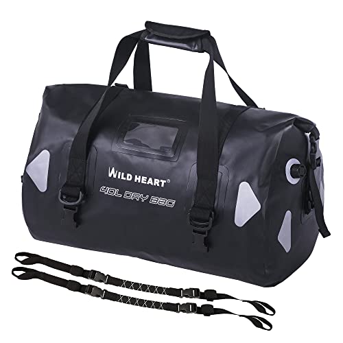 WILD HEART Bolsa de Viaje Impermeable PVC500D con Cuerda y Bolsillo Interior 40L 66L 100L para Kayak, Camping, Paseos en Bote, Motobike (40L, Negro)