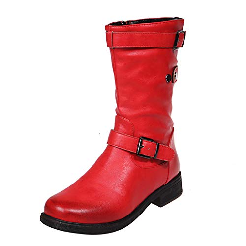 UMore Botines de Caña Media para Mujer Moda Botas Altas Invierno Mujer, Zapatos Mujer Cuña Planos Sintética Peluche Jinete Bajo Cómodos Peludas Calentitas…