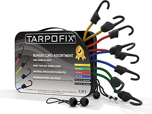 Tarpofix® pulpos elasticos de goma para maletas | Pulpos elasticos transporte universales de 24 piezas incl. tensor de lona corto | Pulpo moto, bicicleta y coche con ganchos (25-100cm de longitud)