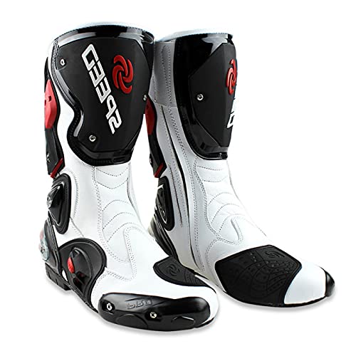 Hombre Mujer Moto Botines Largos Zapatos de Motocicleta Impermeables Botas de Motocross de Cuero de Microfibra Botas Deportivas para Carreras Todoterreno Touring,White-40