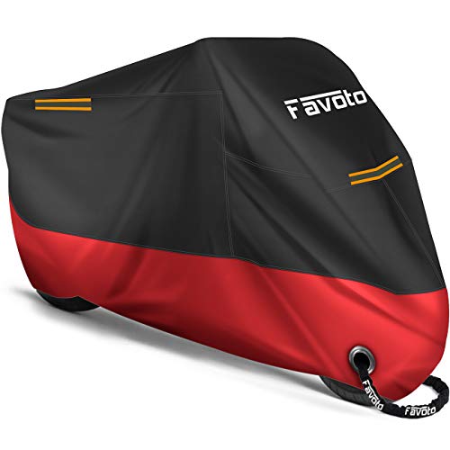 Favoto Funda para Moto Cubierta de Moto 210D Impermeable Protectora con Banda Reflectante a Prueba de Sol Lluvia Polvo Viento Nieve Excremento de Pájaro al Aire Libre, 245x105x125cm Negro+Rojo