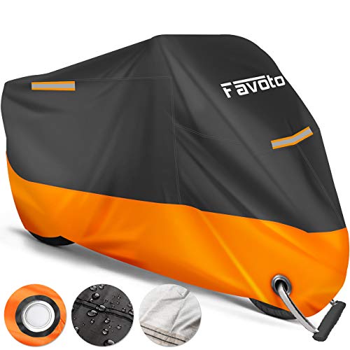 Favoto Funda para Moto Cubierta de Moto 210D Impermeable Protectora con Banda Reflectante a Prueba de Sol Lluvia Polvo Viento Nieve Excremento de Pájaro al Aire Libre, 245x105x125cm Negro+Naranja