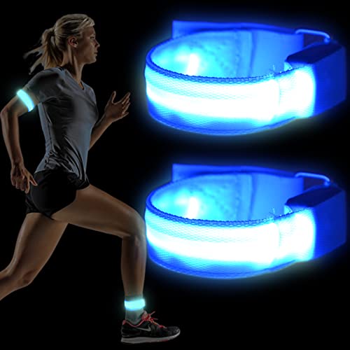 KAONESS Brazalete LED Recargable Running 2 Piezas Banda Reflectante USB con 3 Modos de iluminación Alta Visibilidad y Ajustabl Brazalete Reflectante para Correr, Senderismo y Ciclismo(Azul)