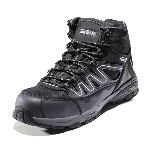 NORTIV8 Botas de Seguridad Piel Hombre Mujer Antiestaticas Botas de Trabajo Hombre Antideslizante de Fibra de Vidrio Puntera Zapatos de Seguridad Gris Negro SNIC224M-E Talla 43 (EUR)