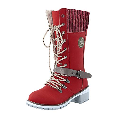 Botas altas para mujer, de moda, tacón cuadrado con cordones, punta redonda, sólidas, zapatos, rojo, 41 EU