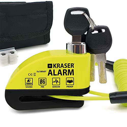 KRASER WA6Y Candado Moto Disco Alarma 110dB, Reforzado Impermeable, Cerradura Seguridad, Accesorio Cable Bolsa, Bloqueo 6mm Universal Motocicleta Scooter Bicicleta Eléctrica, Antirrobo Moto con Alarma