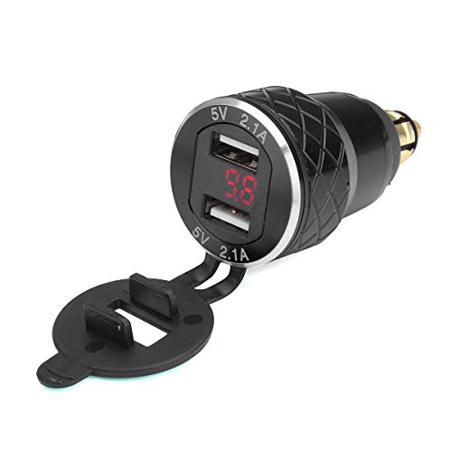 Viviance 12V-24V 4.2 A Voltímetro Rojo Motocicleta Dual USB Cargador DIN Socket para BMW Moto - Negro