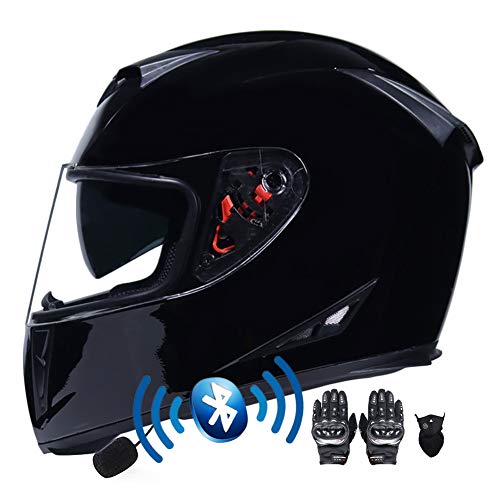 Casco de Moto Bluetooth Integrado, Cascos de Moto Scooter con Guantes y Mascarilla, Casco Integral ECE Homologado con Doble Anti Niebla Visera Hard para Mujer Hombre 55-64CM