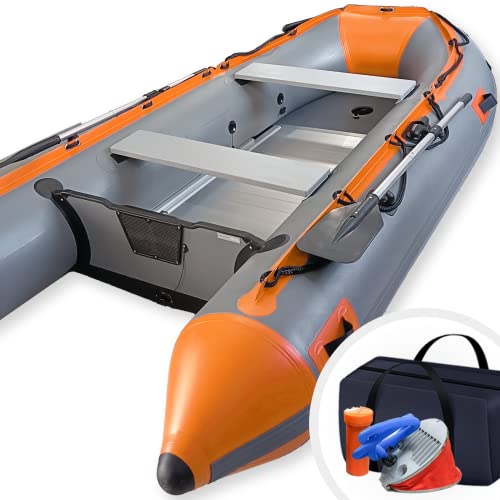 Embarcación neumática de 3,30 m para 5+1 Personas - 330 x 155 cm, máx. 566 kg, Remo de Aluminio, Piso, Bomba de pie, Accesorios - Barco de Motor, Barco de Pesca, Bote, 5 Adultos + 1 niño