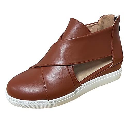 Zapatillas Descalzas Mujer Toe Toe Hollow Ladies Wedges Strap Zipper Cross Casual Botas Redondas Zapatos Zapatos Casuales de Mujer Zapatillas Deportivas De Mujer Baratas Blancas (Brown, 40)